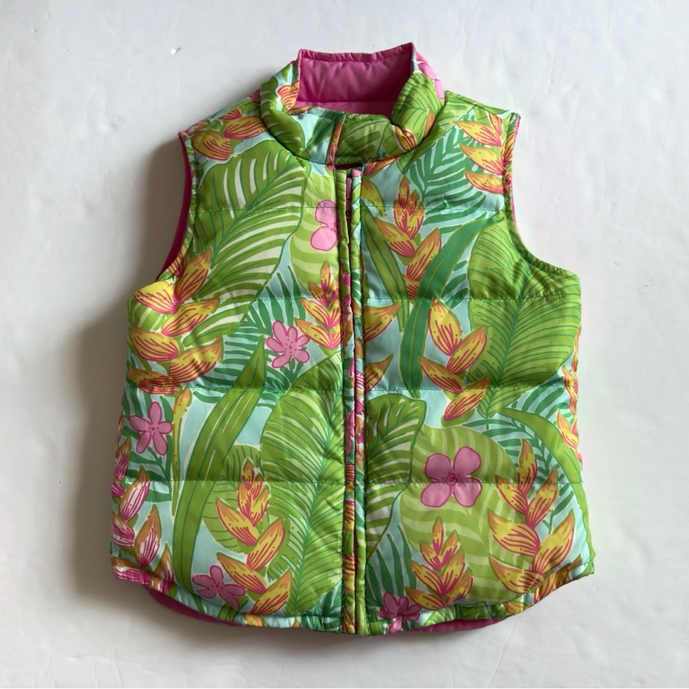 Lilly Pulitzer Floral Reversible Down Puffer Vest Girls 6X Pink Tropical Preppy